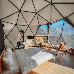 Outdoors Waterproof PVC Prefab Glamping Geodesic Glass Dome Tent Luxury Geodesic Dome House Tent with Bathroom