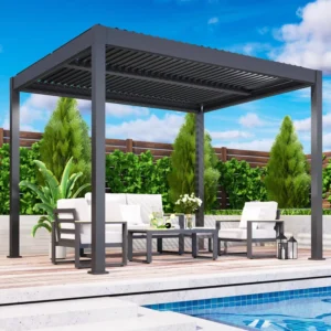 Pergola Solid Design 10×12 Aluminum Construction Fixed Roof System All Weather Protection Balcony Use LED Lighting