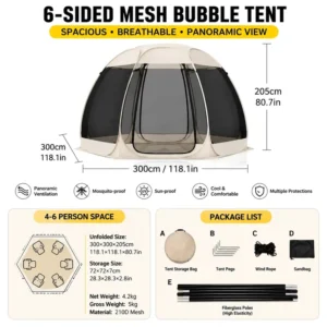 Pop-Up Octagonal Mesh Screen Tent, 6-8 Person, Panoramic View, Bug-Proof, Waterproof, Outdoor Camping Shelter
