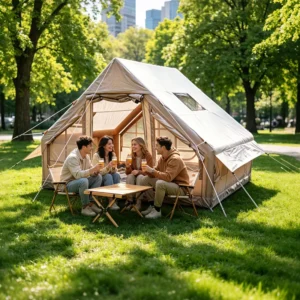Portable 6.3㎡ Inflatable Camping Tent for 3-4 Person 300D Oxford Ridge Air Tent with Small Sky Window Double U-Door Design