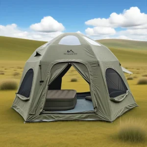 Portable Four-season Glamping Dome Tent Inflatable Oxford Canvas Waterproof Shelter with Chimney Port AC Outlet 15.9sqm