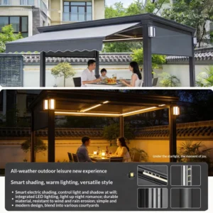 Powder-Coated Aluminum Alloy Gazebo with Motorized Canopy and Remote Control for Suburban Home