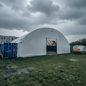 Prefab Container Dome Shelter Wind and Snow Load Rated Galvanized Steel Structure with Tear Resistant PVC Tarpaulin