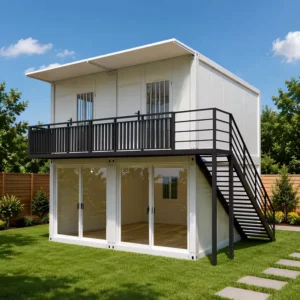 Prefabricated Container House with Glass Wall Balcony Modular Villa for Modern 2 Story Living Office