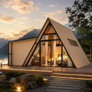 Premium A Frame Hotel Tent 6x5m Glamping Cabin With Loft King Bed Glass Front PVC Tensile Membrane Steel Frame Wind Level 10