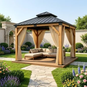 Premium Cedar Framed Hardtop Gazebo Mosquito Netting Privacy Curtains Eco-Friendly Heavy-Duty All-Weather Wooden Balcony Patio