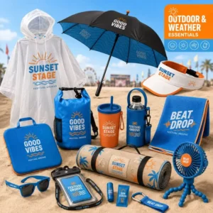 Premium Festival Camping Picnic Kit With Blanket Bottle Portable Fan Sunglasses Rain Poncho For Outdoor Concerts