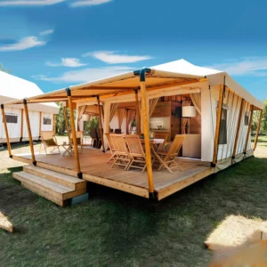 Premium Luxury Double Four Season Triangle Shape Waterproof Glamping Tents Two Rooms PVC Canvas 7x9m Outdoor Hotel Accommodation