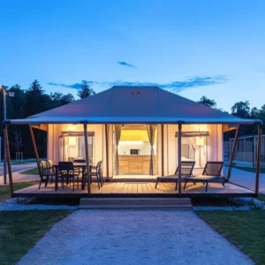 Premium Luxury Double Four Season Triangle Shape Waterproof Steel Frame Fireproof 80km h Windproof Glamping Tents Two Rooms PVC