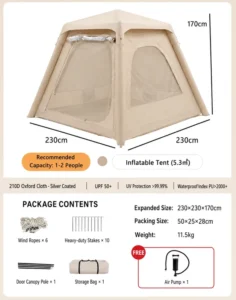 Premium Thick Oxford Fabric PU3000 Waterproof UPF50+ Quick Setup Inflatable Camping Tent for Family Outdoor Camping