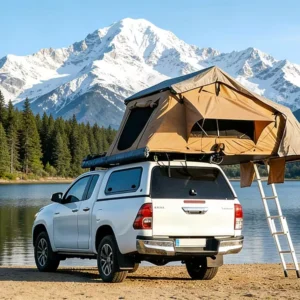 Quick open soft rooftop tent with mesh window. Foldable portable for off road and overland camping.