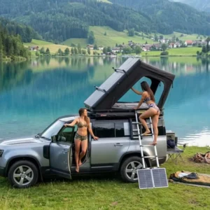 RTT Tent Rooftop Hard Shell 2.1M Trapezoid Aluminum Rooftop Tent with Solar Panel for 4×4 Overland Camping