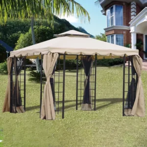 Rattan Outdoor Garden Double-Top Pavilion With Metal Frame and Canopy