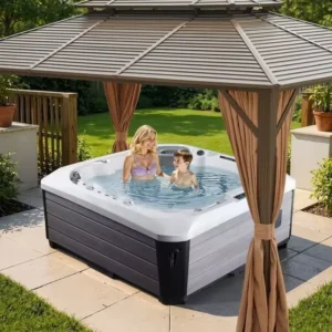 Rectangular Soft Top Patio Gazebo Metal Frame Outdoor Canopy Pavilion With Built-In String Lights for Lakeside Backyard Dining Area