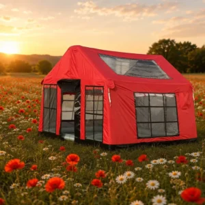 Red 9.5sqm Inflatable Cabin 3×3.15m Knife Scraping PVC Bottom Disaster Relief Emergency Medical Clinic Shelter