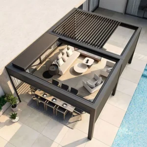 Retractable Aluminum Pergola with LED Lights Outdoor Waterproof Motorized Gazebo for Garden and Poolside