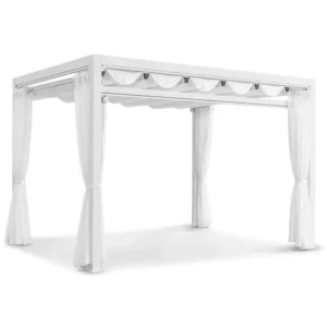 Retractable PVC Fabric Gazebo Aluminum Pavilion Canopy with Sheer Curtains LED Lighting Powder Coated Antique Garden Backyard
