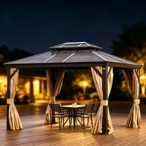 Rustic Style Outdoor Aluminum Pergola with Roman Canopy Waterproof & Sunproof Shelter for Patio and Garden Shade