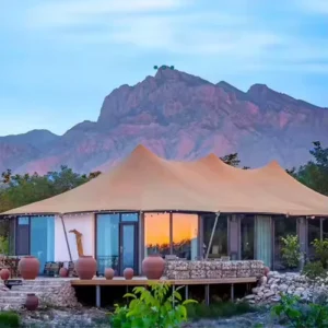 Semi-Permanent Glamping Shelter with Ensuite and Coffee Bar Four-Season Double-Layer UV Safari Eco Resort Tent