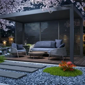 Sleek Design Aluminium Pergola Canopy Motorized Louvers Hidden Cable Management Free Standing Dimmable Lighting
