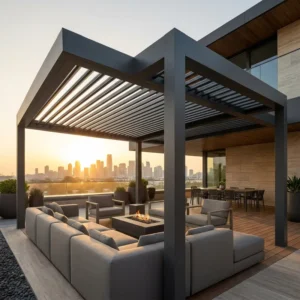 Sleek Minimalist Aluminum Pergola Manual Louvered Roof Waterproof Gazebo Pavilion Roller Blinds Modern Terrace Shade Canopy