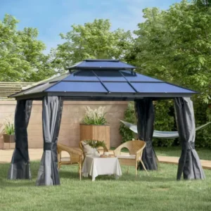 Small Outdoor Pagoda Gazebo Kit with Freestanding Hardtop Polycarbonate Roof and Privacy Sides, 3x3m
