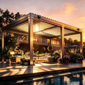 Solar Aluminum Pergola Gazebo with Waterproof Louvered Roof and Sun Shade Canopy