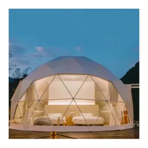 Solar Exhaust Fan Dome Tent with White PVC Fabric, Geodesic Dome House, Steel Frame, Glamping Pod