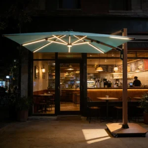 Solar LED Modern Waterproof Cantilever Patio Umbrella Aluminum Wood Grain Finish 360 Rotation Rib Light Strips Center Lamp