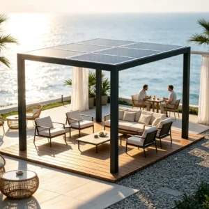 Solar Panel Pergola with Solar-Powered Motorized Opening Louver Roof, Aluminum Frame, Gazebo