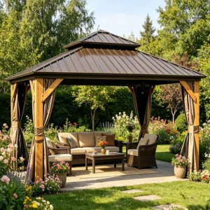 Solid Cedar Wood Frame Hardtop Gazebo Outdoor Patio Pavilion with Double-Tier Metal Roof and Privacy Curtains