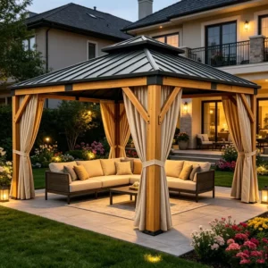 Solid Cedar Wood Frame Hardtop Gazebo with Privacy Curtains Weather Resistant Outdoor Wooden Pavilion for Patio & Backyard