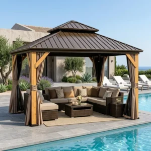 Solid Natural Wood Frame Hardtop Gazebo with Double-Tier Metal Roof and Privacy Curtains Outdoor Wooden Pavilion