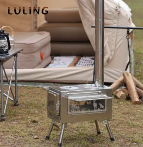 Stainless Steel Wood Burning Stove Portable Folding Tent Stove with Chimney Durable Outdoor Stove for Camping Heating BBQ