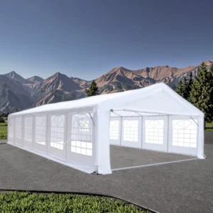 Steel Garden Party Tent, 20x40ft, Galvanized, Windproof, PE/PVC, Waterproof, 100-Guest Capacity