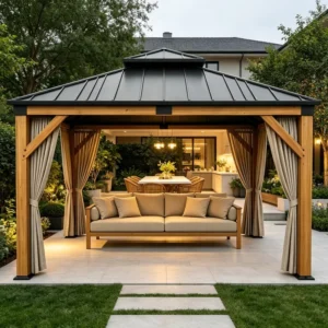 Sturdy Cedar Hardtop Gazebo with Privacy Curtains All-Weather Outdoor Canopy for Backyard Kitchens & Patio Dining