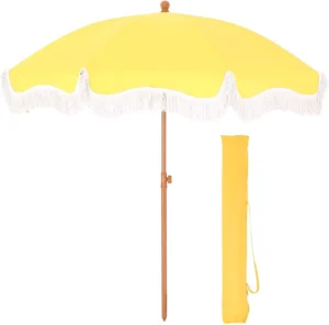 Sunset Yellow 7ft Beach Umbrellas Outdoor Patio Portable Tilt Sun Shelters Beach Parasol With Tassel