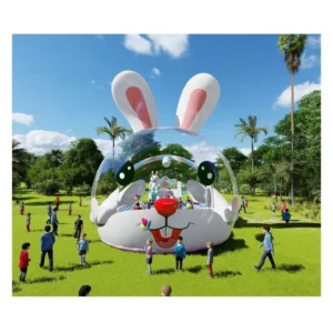 Transparent Inflatable Bubble Tent Ball Pit with Ocean Balls, Pink Rabbit Cartoon Design