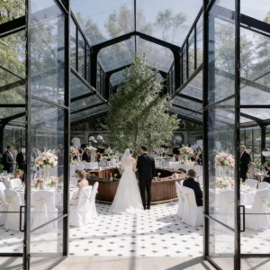 Venue Upgrade Glass Atrium Tent Replace Traditional Banquet Hall Black Frame Orangery Wedding Marquee