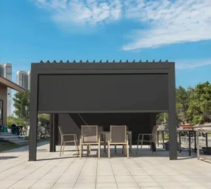 Wall-Mounted Aluminum Louvered Pergola with Motorized Waterproof Canopy Powder-Coated for Backyard Garden
