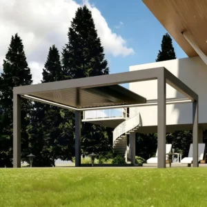 Wall Mounted Bioclimatic Aluminum Pergola Attached House Balcony Terrace Retractable Louver Roof Waterproof Outdoor Sun Shelter