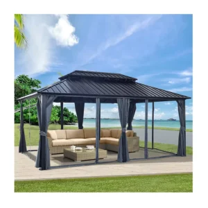 Waterproof Aluminum-Frame Double-Roof Pergola Canopy, Outdoor Garden Hardtop Gazebo