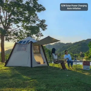 Waterproof Inflatable Solar Camping Tent with 52W Solar Panels Easy 2 Min Set up BlowUp Air Tent with Electric Pump for Glamping