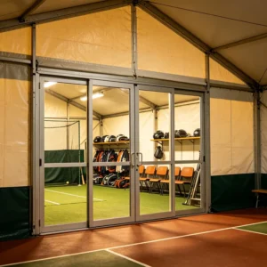 Waterproof PVC Sports Marquee Baseball Dugout Tent with Sliding Glass Door Player Lounge and Gear Storage Racks
