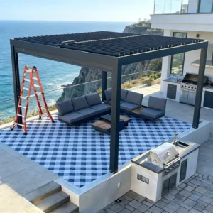 Waterproof Powder-Coated Aluminum Alloy Pergola with Motorized Fabric Canopy for Sun and Rain Protection