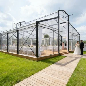 White Frame Church-Style Transparent Orangery Glass Tent for Weddings and Events