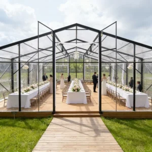 White Frame Clear Orangery Marquee Tent with Transparent Walls for Outdoor Weddings and Parties