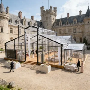 White Frame Clear Span Glass Orangery Marquee Atrium Tent All Weather Resort Wedding Party