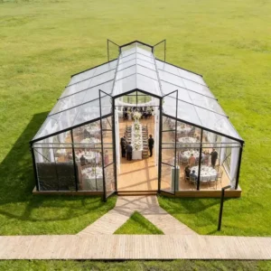 White-Frame Transparent Glass Orangery Tent for Weddings and Parties, Atrium Reception Hall