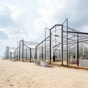White-Frame Transparent Glasshouse Orangery Tent for All-Weather Church Weddings and Events